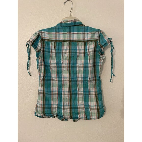 US Polo Assn Shirt Womens Medium Button Front Puff Sleeve Plaid Multicolor Blue - Picture 2 of 5